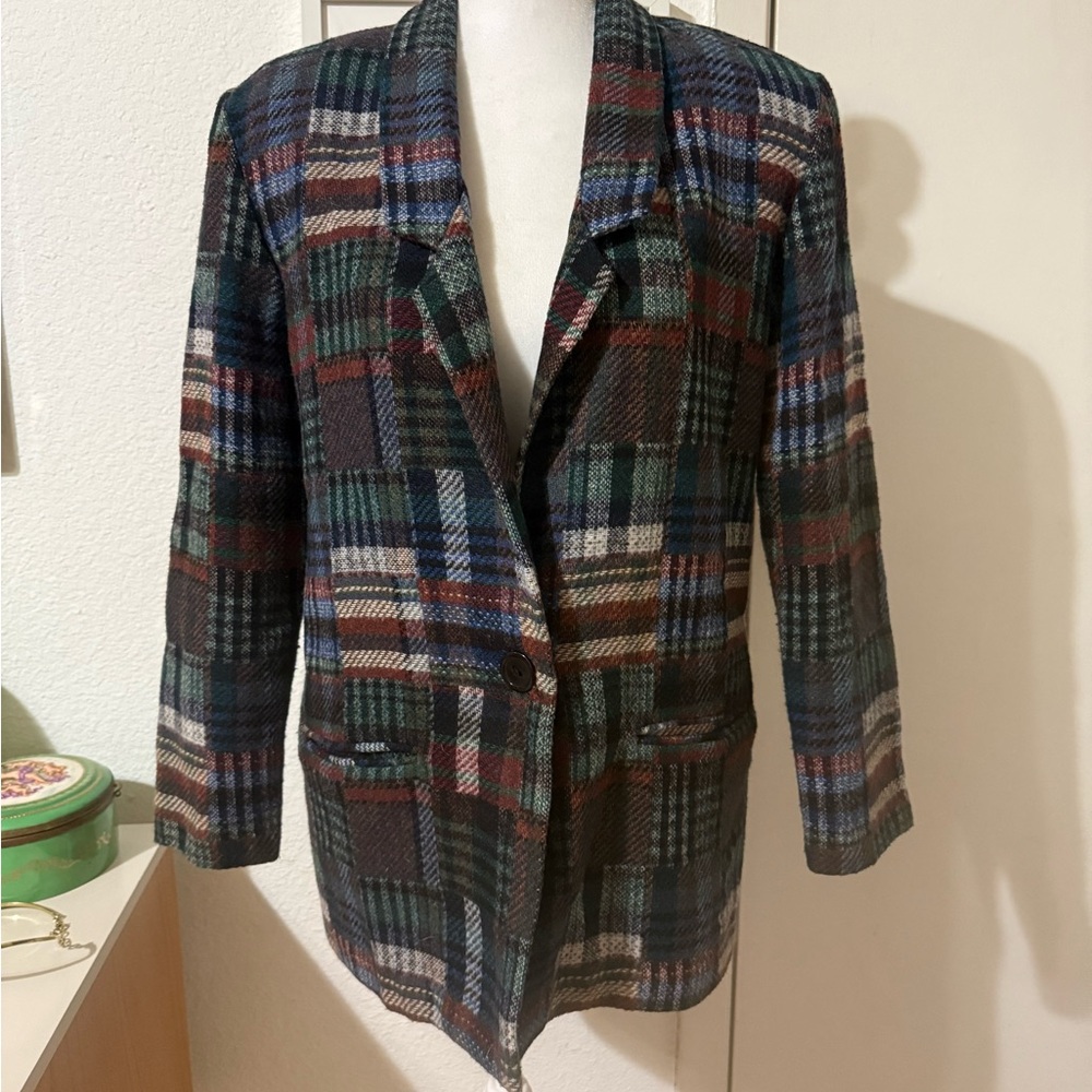 Vintage Wool Blend Plaid Multicolor Women's Blazer Jacket
